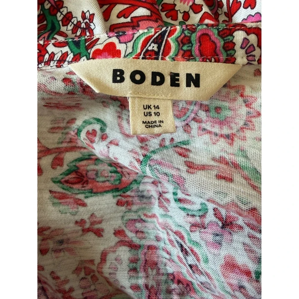 Boden Red Green Paisley Floral Cotton Tencel Modal Button Down Shirt 10 Boho